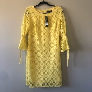 NWT Karin Stevens Yellow Dress Lace Midi 3/4 Length Sleeve Tie Accents